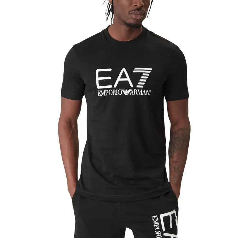 Schwarze EA7 Emporio Armani Herrenjacke t-shirt mit weißem Logo und Streifen, entworfen für Freizeitkleidung