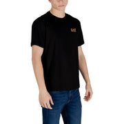 Ea7 men black t-shirt featuring a small orange logo on the left chest, made for casual wear