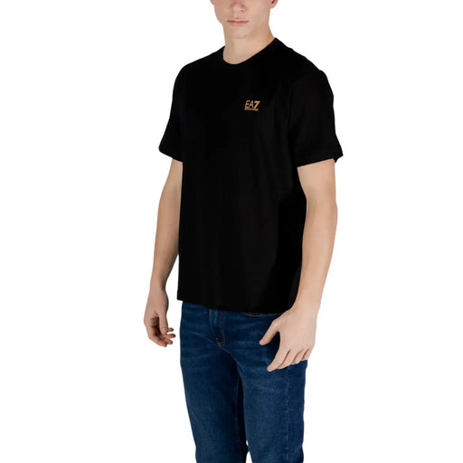 Black ea7 men t-shirt with a small orange logo on the left chest, featuring a comfortable cotton blend fabric