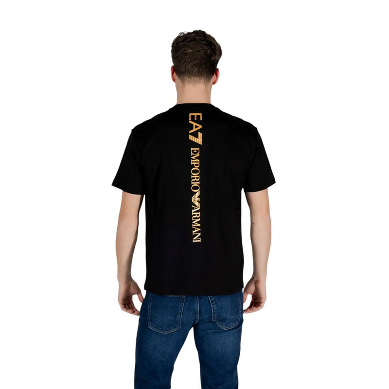 Black ea7 emporio armani men t-shirt showing the back with gold vertical branding on a cotton fabric