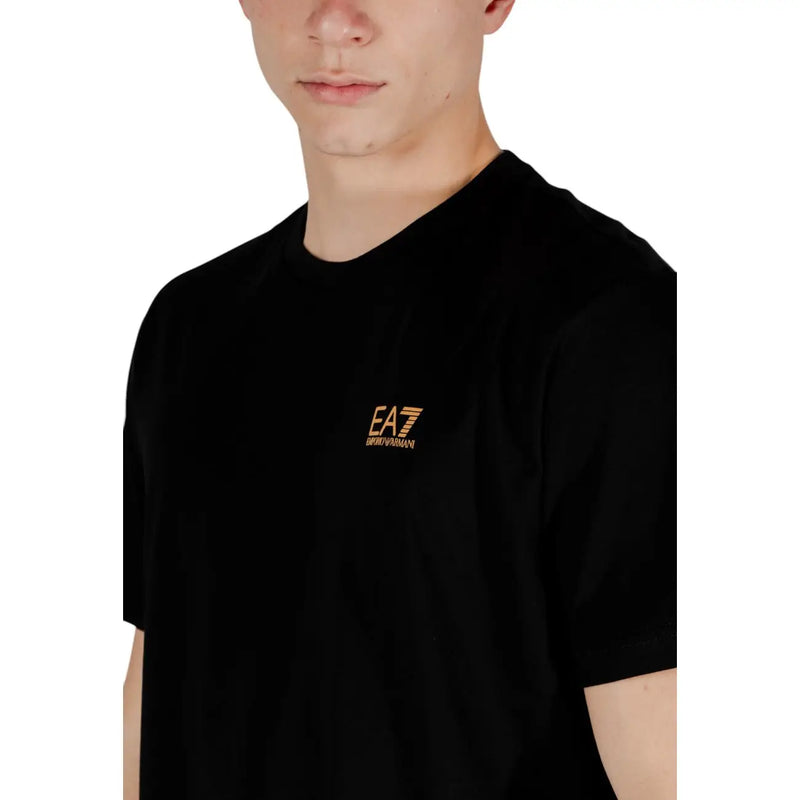 Black ea7 emporio armani men t-shirt with a small gold logo on the chest for casual and athleisure wear