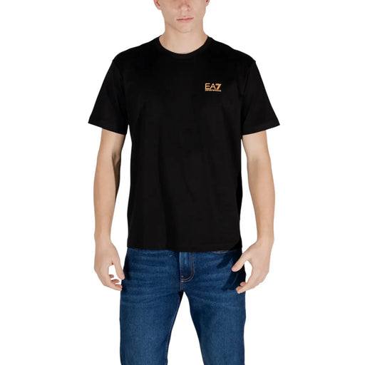 Black Ea7 Emporio Armani men t-shirt with small gold logo on left chest suitable for casual wear