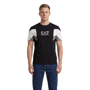 Schwarze ea7 Emporio Armani Herrenschuhe t-shirt mit weißen und grauen geometrischen Paneelakzenten an den Ärmeln