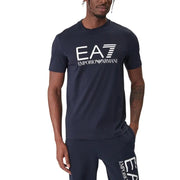 Marineblaue EA7 Emporio Armani Herrenjacke t-shirt mit weißem Logodruck und kurzen Ärmeln aus Baumwollmischgewebe