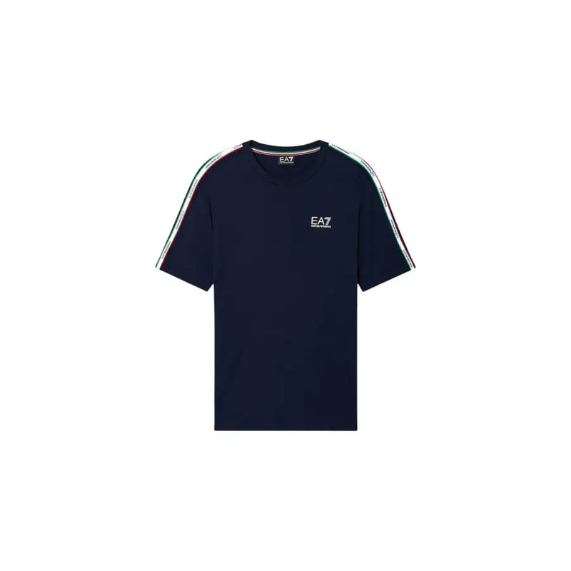Marineblau Ea7 Männer t-shirt mit weiß-grün-rot gestreiften Schulterpartien, die ein sportliches Design unterstreichen