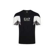 Schwarze ea7 Emporio Armani Herrenschuhe t-shirt mit weißen und grauen geometrischen Paneelakzenten an den Ärmeln