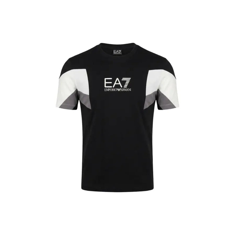 Schwarze ea7 Emporio Armani Herrenschuhe t-shirt mit weißen und grauen geometrischen Paneelakzenten an den Ärmeln