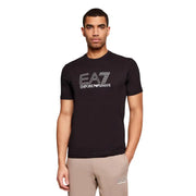 Schwarze ea7 Emporio Armani Herrenschuhe t-shirt mit weißem Logo, das aus Baumwollstoff über die Brust gedruckt ist