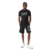 Schwarze EA7 Emporio Armani Herrenjacke t-shirt Set aus weißem Logo und passender Shorts aus komfortablem Stoff