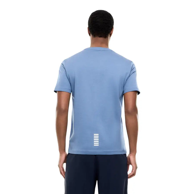 Ea7 Herren-T-Shirt, hellblau, kurzärmelig, aus Baumwolle mit dezentem weißen Längsstreifen im unteren Rückenbereich