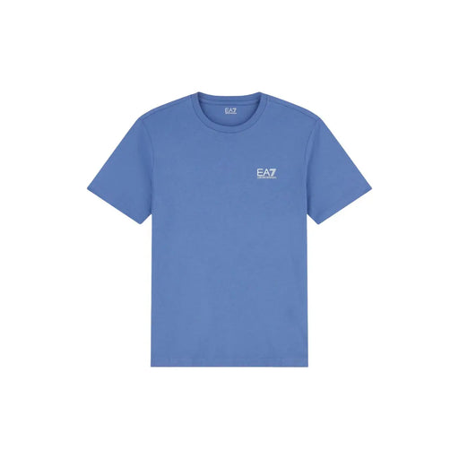 A light blue ea7 men t shirt short sleeve cotton featuring a small white logo on the left chest