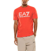 Leuchtend rote EA7 Emporio Armani Herrenschuhe t-shirt mit markantem weißen Logo und Streifenmuster aus leichtem Baumwollstoff