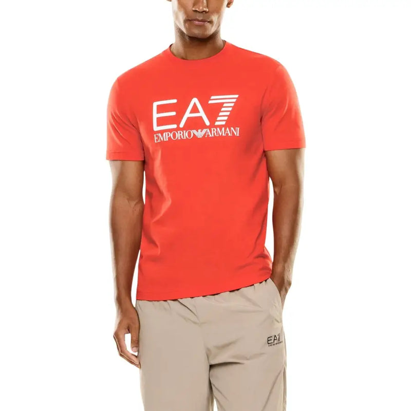 Leuchtend rote EA7 Emporio Armani Herrenschuhe t-shirt mit markantem weißen Logo und Streifenmuster aus leichtem Baumwollstoff