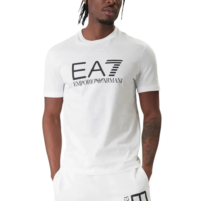 Weiße ea7 Emporio Armani Herrenschuhe t-shirt mit schwarzem Logo und Streifenmuster, ideal für Freizeitkleidung