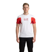 Weiß Ea7 Emporio Armani Herren t-shirt mit roten, geometrischen Schulterpartien und passendem Brustlogo aus Baumwollstoff