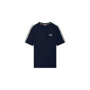 Navy blue Ea7 men t-shirt with white green and red striped shoulder panels showcasing sporty design