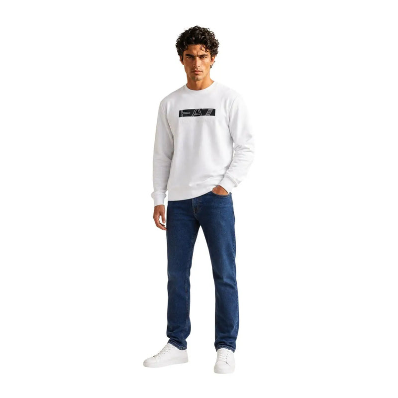 Ea7 Weißes Herren-Sweatshirt aus Baumwolle mit langen Ärmeln und schwarzem rechteckigem Logo auf der Brust, normale Passform