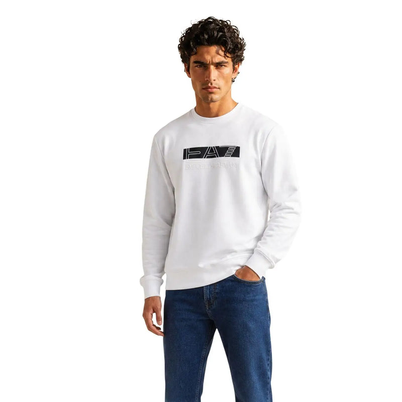 Ea7 Weißes Herren-Sweatshirt aus Baumwolle mit langen Ärmeln und schwarzem rechteckigem Logo auf der Brust, normale Passform