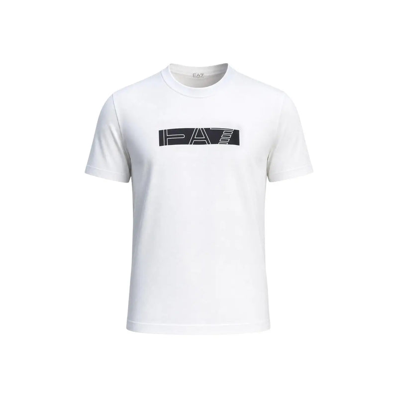 Ea7 Herren weiße Baumwolle t-shirt Klassische Passform mit markantem, schwarzem, rechteckigem Logo und stilisiertem Schriftzug auf der Brust