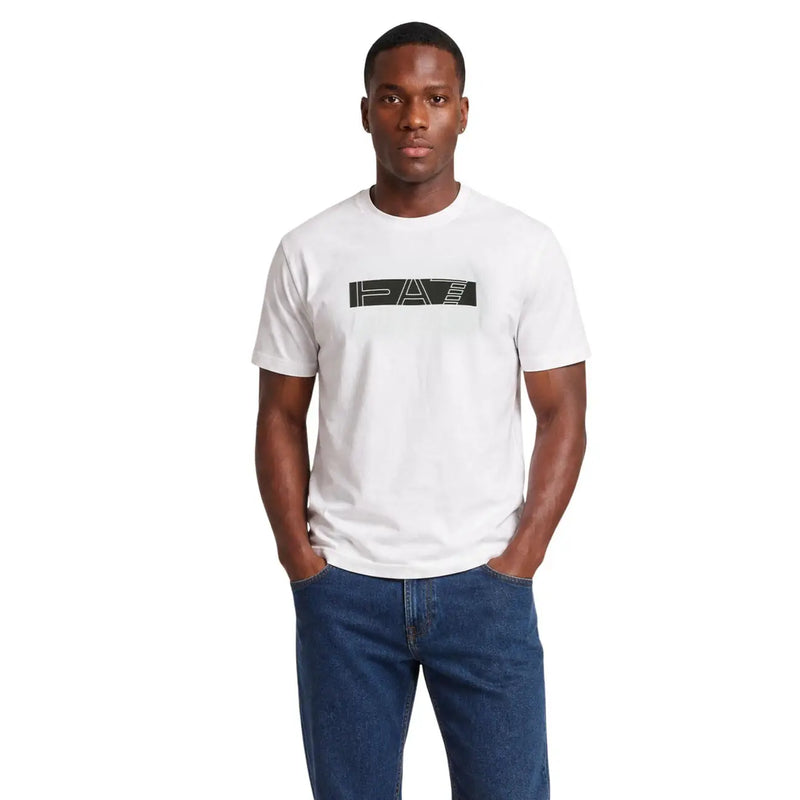 Ea7 Weißes Herren-T-Shirt aus Baumwolle in klassischer Passform mit schwarzem, rechteckigem Logo auf der Brust
