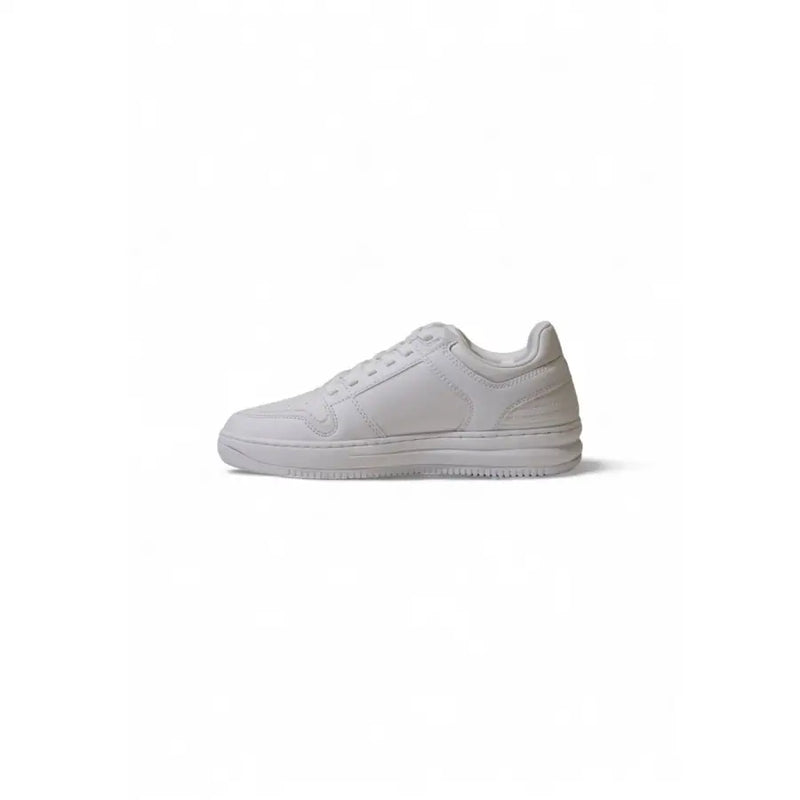 Ea7 Herren weißes Leder niedrigtop Sneaker mit Schnürsenkeln und Gummisohle in klarem, minimalistischem Design mit dezenten Ziernähten.