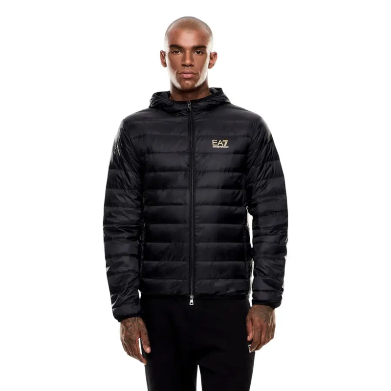Ea7 men’s black quilted puffer jacket with gold logo on chest designed for cold weather and casual wear