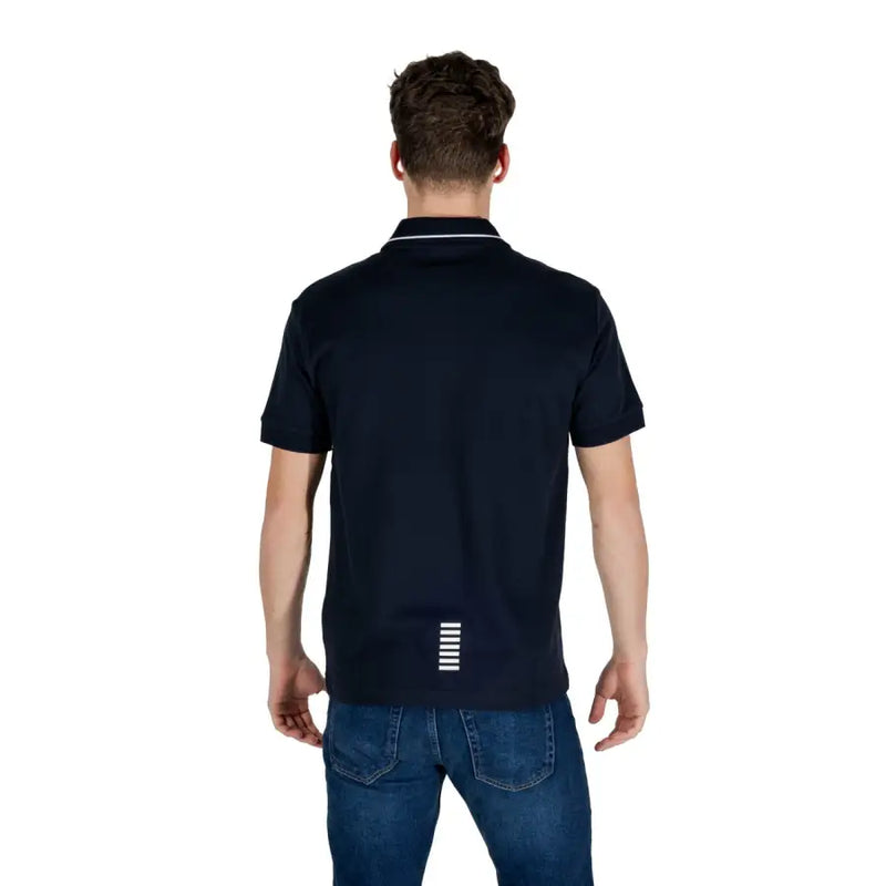 Ea7 Herren-Poloshirt aus marineblauer Baumwolle mit kurzen Ärmeln, weißem Kragenbesatz und sechs weißen Streifen im unteren Rückenbereich