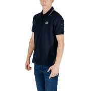Ea7 men’s navy blue short-sleeved polo shirt with white collar trim and embroidered logo for spring summer wear