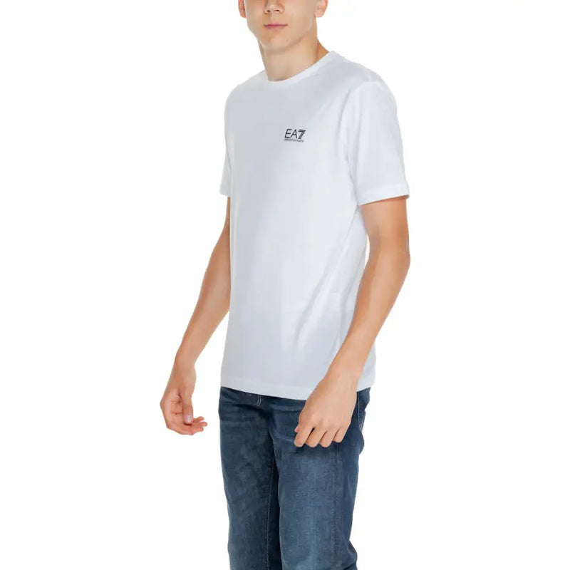 Ea7 Herren weiße Baumwolle t-shirt mit einem kleinen schwarzen Logo auf der linken Brust für lässige Kleidung