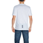 Ea7 men’s white cotton t-shirt with short sleeves and subtle black vertical stripe pattern near the bottom hem