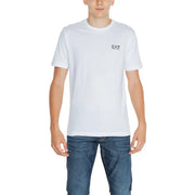 EA7 Herren-Baumwollshirt, weiß t-shirt mit einem kleinen schwarzen Logo auf der linken Brust für Freizeitkleidung