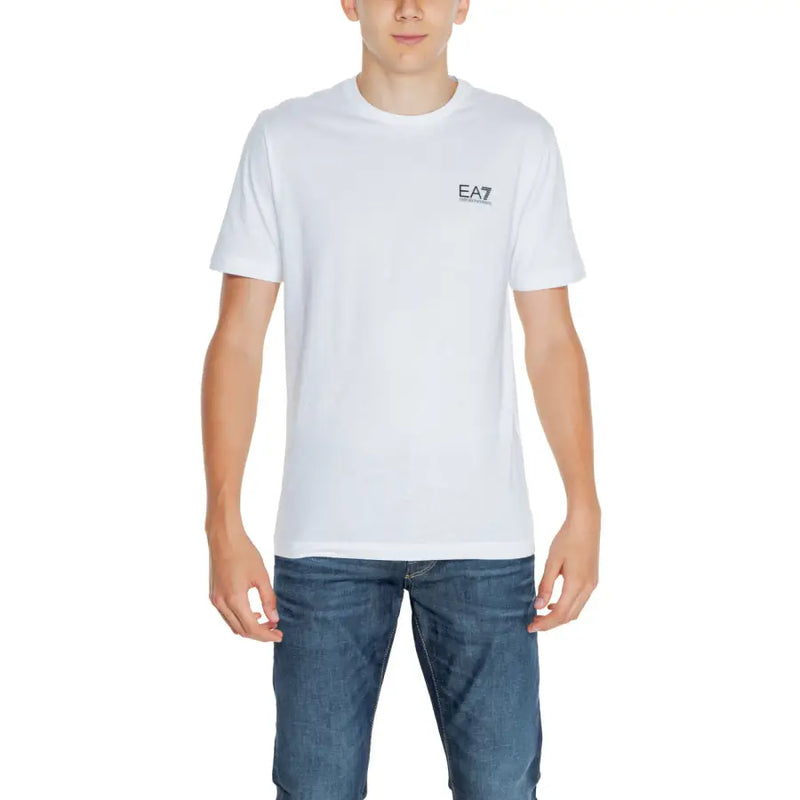 EA7 Herren-Baumwollshirt, weiß t-shirt mit einem kleinen schwarzen Logo auf der linken Brust für Freizeitkleidung
