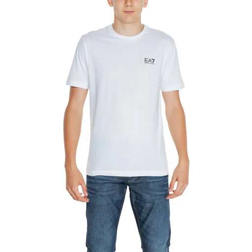 EA7 men’s white cotton t-shirt with a small black logo on the left chest for casual wear