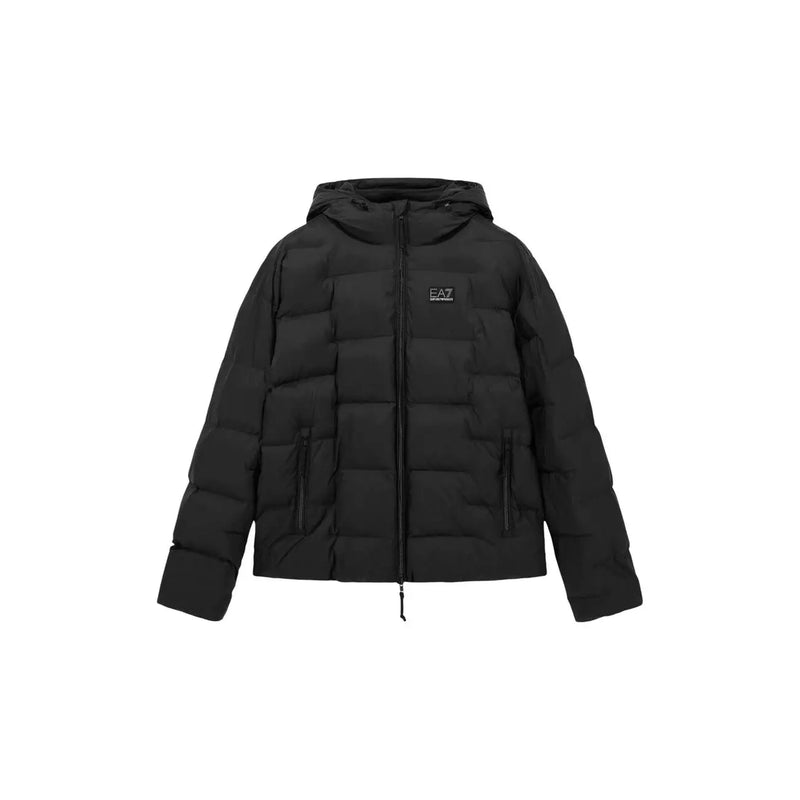 Ea7 Schwarze Steppjacke für Herren mit Kapuze, Frontreißverschluss und ea7-Logo auf der Brust, Vorderansicht