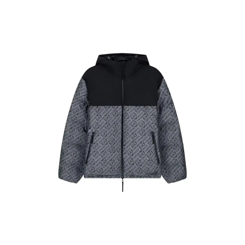 EA7 Steppjacke für Herren in Schwarz und Grau mit sich wiederholendem EA7-Logo-Muster, Vorderansicht