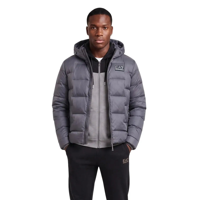 Ea7 Graue Steppjacke für Herren mit Kapuze und EA7-Logo auf der Brust, Vorderansicht