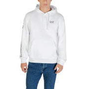 Men’s white cotton blend hooded sweatshirt paired with blue jeans displayed in product image