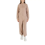 Woman wearing Ea7 beige cotton blend long jumpsuit with front zipper and pockets