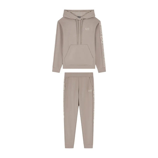 Ea7 Beigefarbener Damen-Overall aus Polyestergemisch mit Kapuze, bestehend aus einem Hoodie und einer Jogginghose mit dezenten weißen Logos