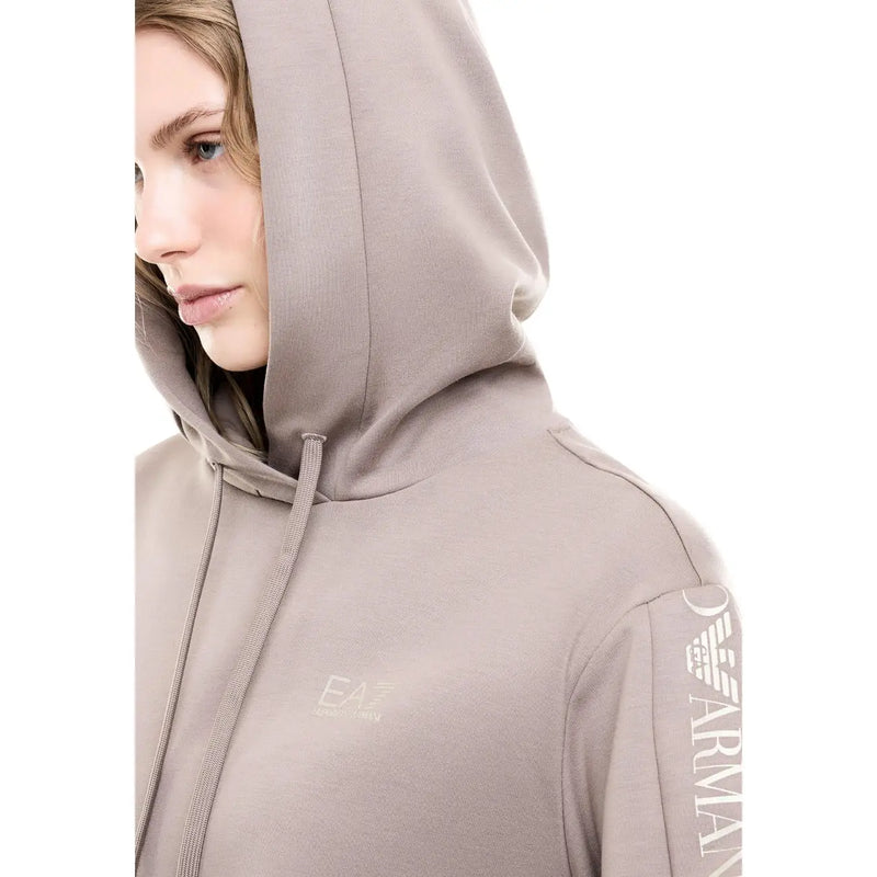 Ea7 Beigefarbener Damen-Overall aus Polyester-Mischgewebe mit Kapuze und taupefarbenem Baumwoll-Hoodie mit dezentem Logo auf der Brust und am Ärmel