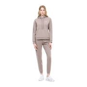 Ea7 Beigefarbener Damen-Overall aus Polyester-Mischgewebe mit Kapuze, passendem taupefarbenem Hoodie und Jogginghose mit dezentem Logo und Ärmeltext