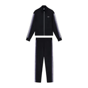 Schwarzer EA7 Damen-Jumpsuit aus Baumwollmischgewebe mit silbernen Logostreifen an Ärmeln und Beinen – perfekt für Herbst und Winter.