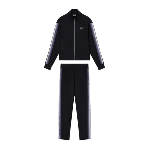Schwarzer EA7 Damen-Jumpsuit aus Baumwollmischgewebe mit silbernen Logostreifen an Ärmeln und Beinen – perfekt für Herbst und Winter.