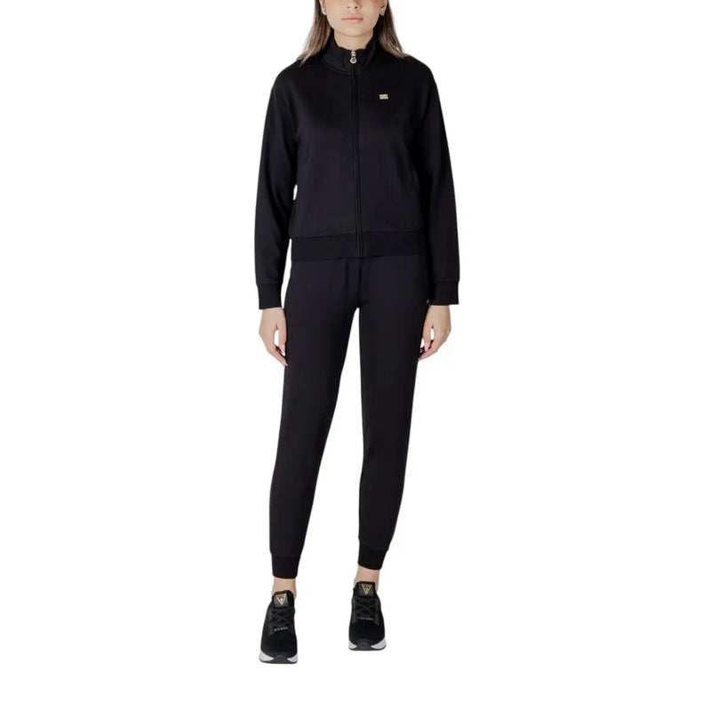 Ea7 Schwarze Damen-Trainingsjacke aus Baumwolle mit Reißverschluss, Stehkragen und kleinem Logo auf der linken Brust.