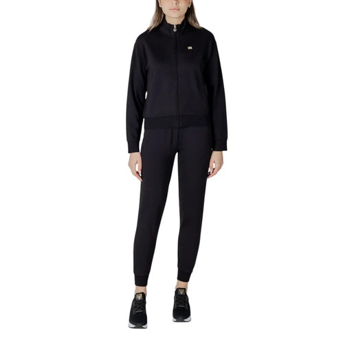 Ea7 Schwarze Damen-Trainingsjacke aus Baumwolle mit Reißverschluss, Stehkragen und kleinem Logo auf der linken Brust.