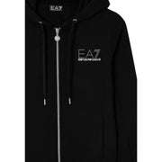Schwarzer EA7 Emporio Armani Kapuzenoverall mit silbernen Reißverschlüssen und Kordelzügen sowie funkelndem weißen Logo aus Polyestergemisch.