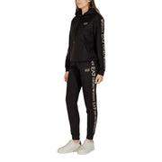Schwarzer EA7 Emporio Armani Damen-Jumpsuit mit Kapuze aus Polyestergemisch mit weißem Logo an Ärmeln und Beinen