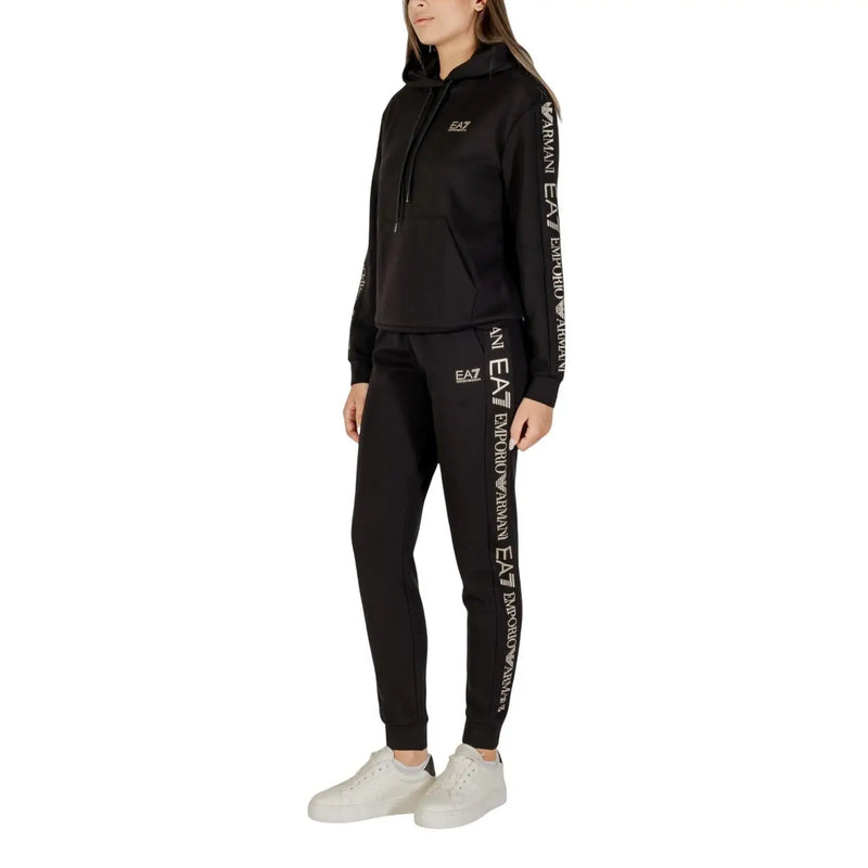 Schwarzer EA7 Emporio Armani Damen-Jumpsuit mit Kapuze aus Polyestergemisch mit weißem Logo an Ärmeln und Beinen