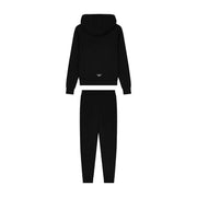 Ea7 Schwarzer Damen-Overall mit Kapuze aus Polyestergemisch, von hinten gesehen, mit dezentem, gesticktem Logo und passender Jogginghose.