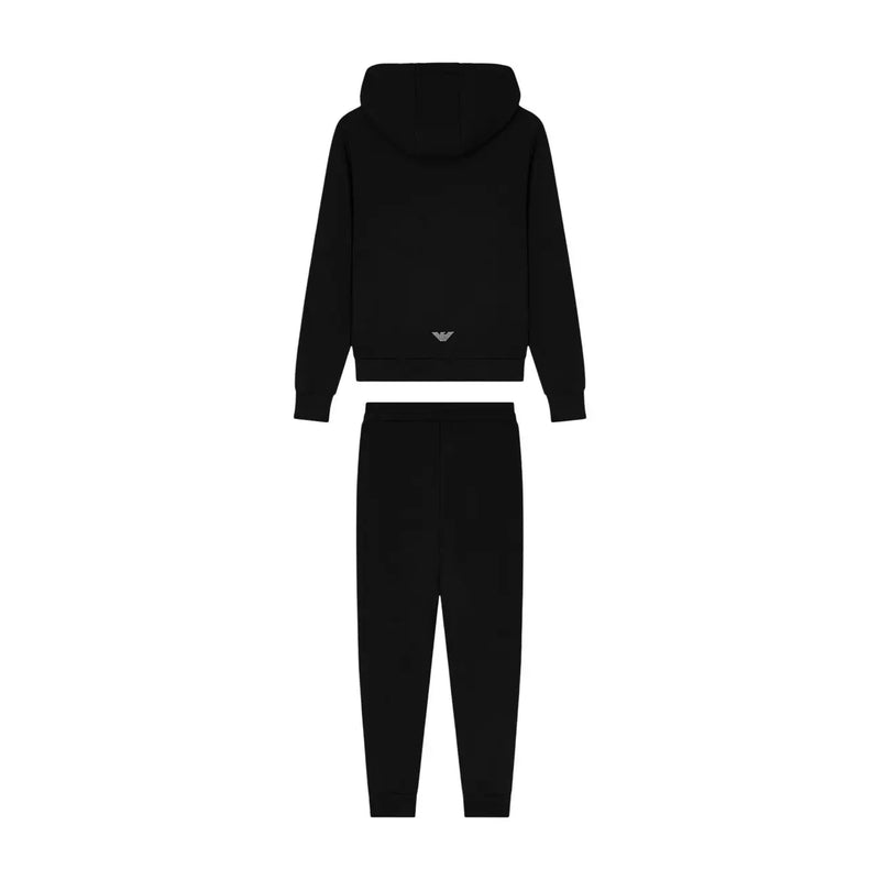 Ea7 Schwarzer Damen-Overall mit Kapuze aus Polyestergemisch, von hinten gesehen, mit dezentem, gesticktem Logo und passender Jogginghose.